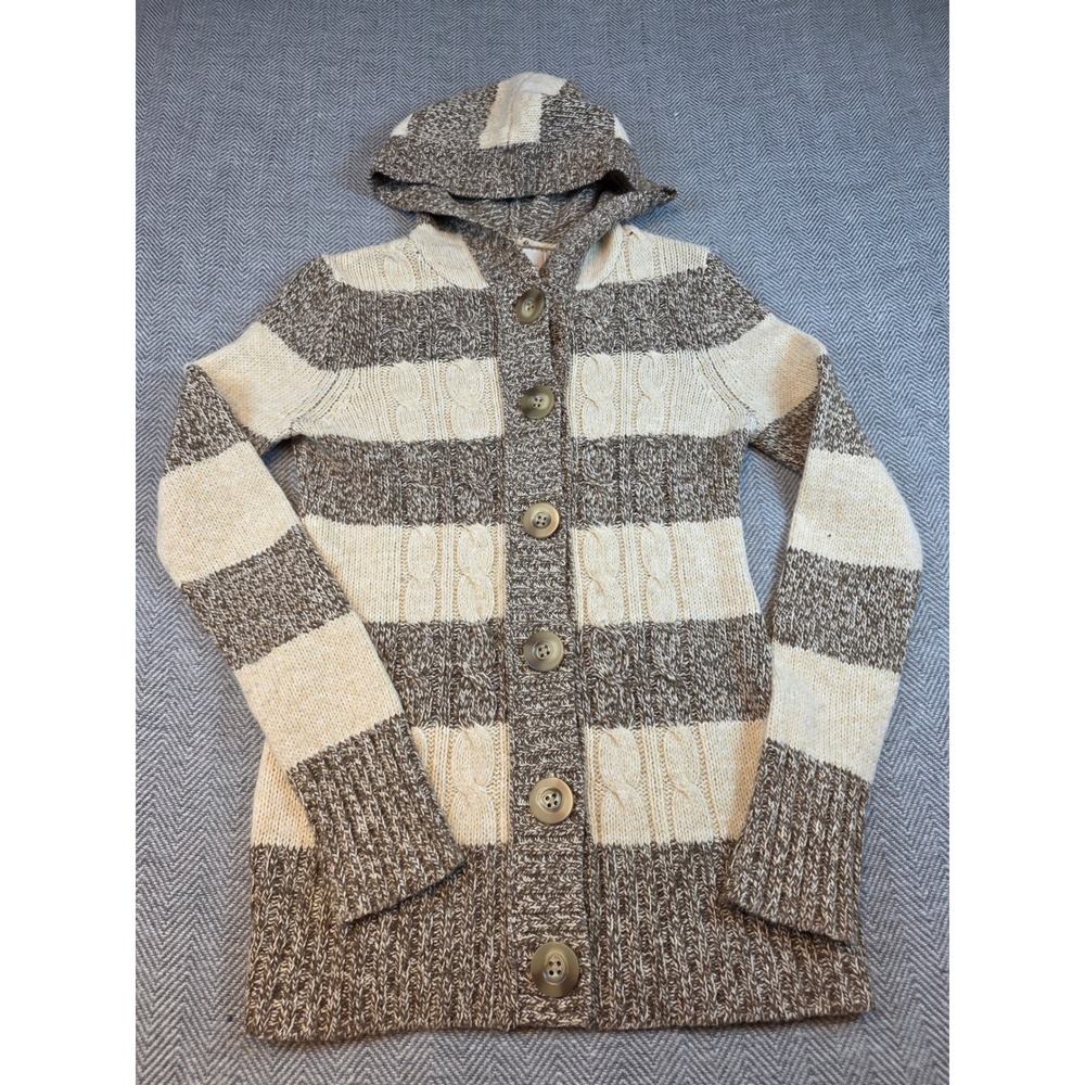 SO Striped Hooded Cardigan Sweater Brown Cream Cable Knit Wool Blend Medium
